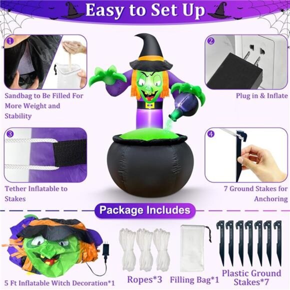5 Ft Halloween Inflatable Witch with Cauldron and Green LED String Light - Picture 4 of 6